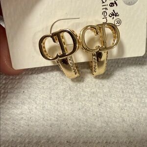 Gold Double-Circle Hoop Earrings with Crystal Accents